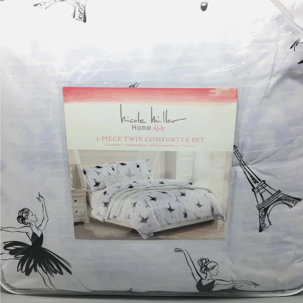 5pc Nicole Miller Ballerina TWIN Comforter Set Lavender Paris Eiffel Tower Dance